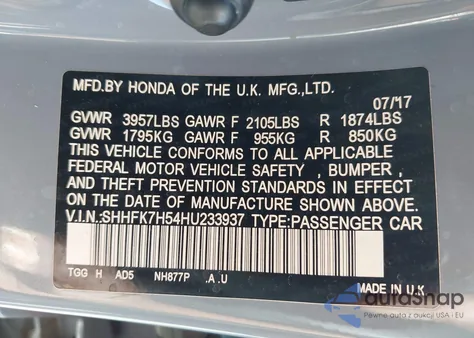 2017 Honda Civic Ex z USA, uszkodzony, nr VIN SHHFK7H54HU233937